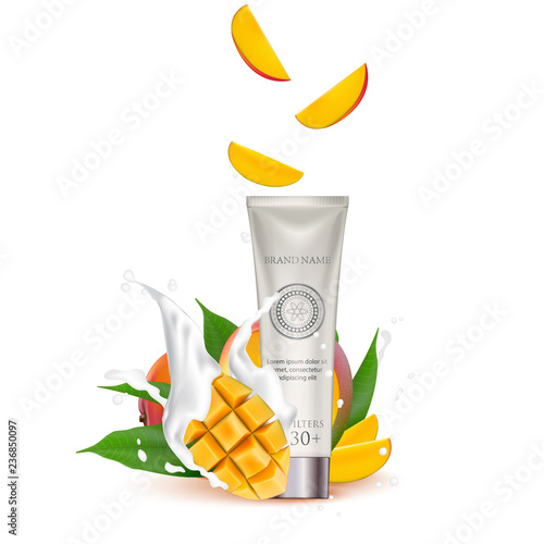 Organic Cosmetic luxury packaging, plastic tube. Cosmetics cream  magazine ads product with mango fruit. 3d Realistic packaging body scrub. Splashing cream milk.  Label design  illustration.