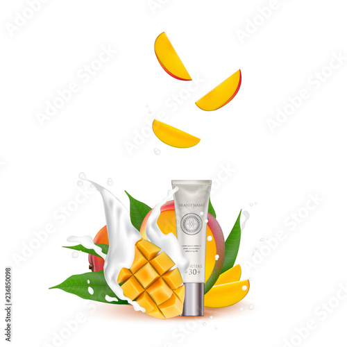 Organic Cosmetic luxury packaging, plastic tube. Cosmetics cream  magazine ads product with mango fruit. 3d Realistic packaging body scrub. Splashing cream milk.  Label design  illustration.