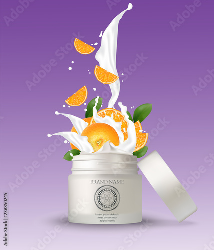 Cosmetic plastic jar with orange cream splashing. Isolated white background  mockup template. 3d cosmetic container for cream, powder or gel. Packaging design element.   illustration.