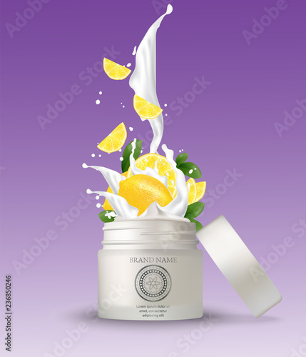 Cosmetic plastic jar with lemon cream splashing. Isolated white background  mockup template. 3d cosmetic container for cream, powder or gel. Packaging design element.   illustration.