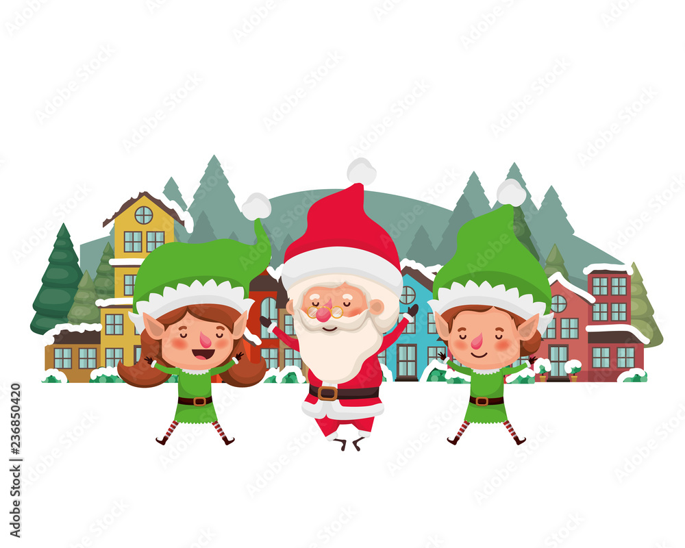 neighborhood and elf couple with santa claus