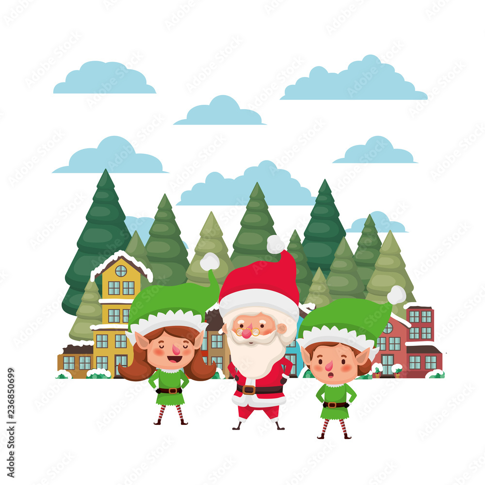 neighborhood and elf couple with santa claus