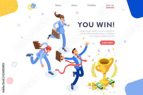 Cup challenge reward, top prize, happy target images. Luck on competition, financial event, fortune and victory for the growth. Winner with coins and employees. Flat isometric vector illustration.