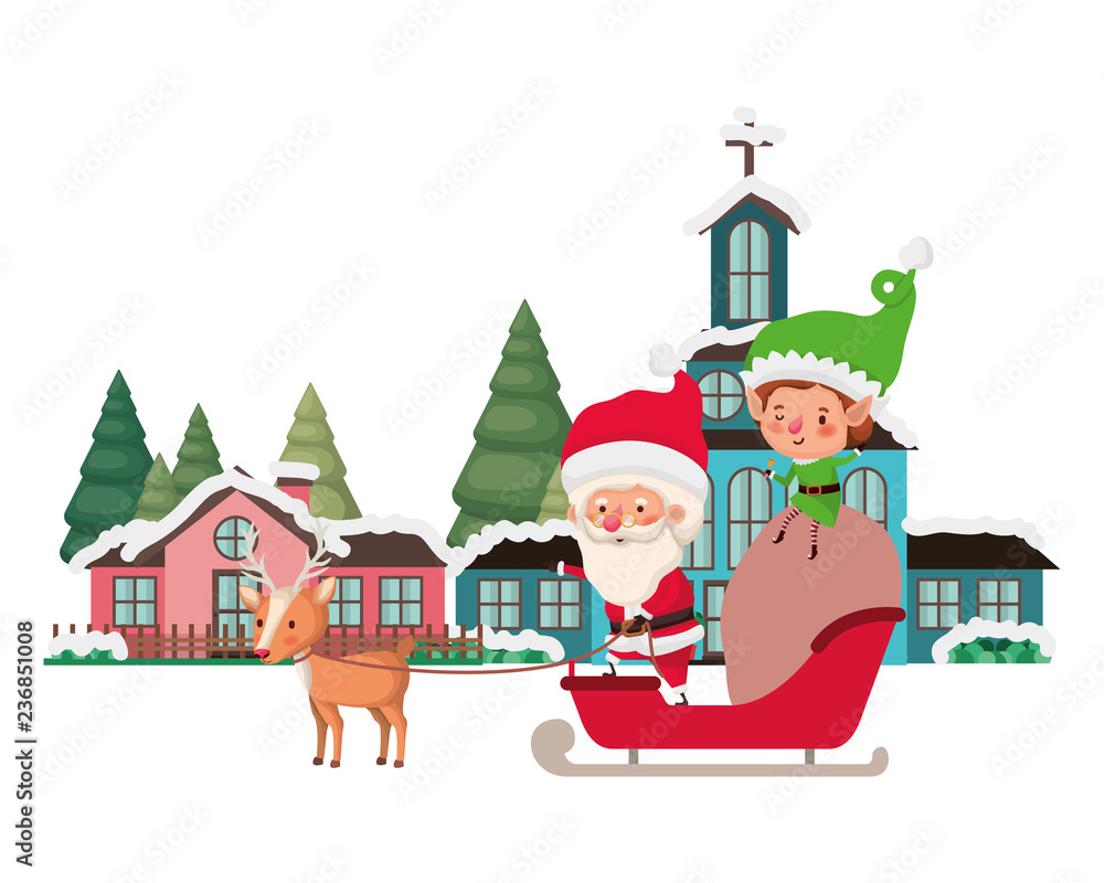 neighborhood with pine trees and santa claus with elf in sleigh
