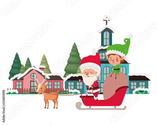 Wallpaper Mural neighborhood with pine trees and santa claus with elf in sleigh Torontodigital.ca