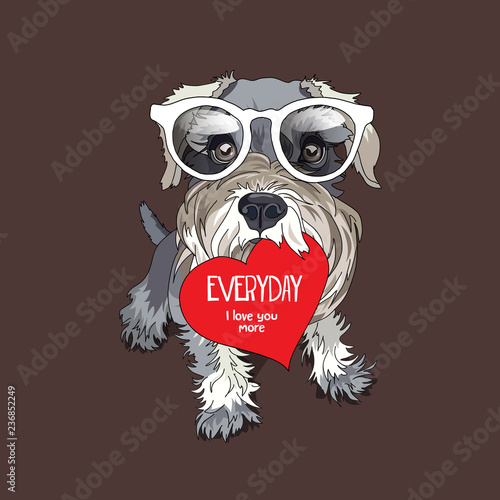 Schnauzer in a glasses with red heart Valentines card. Vector illustration.
