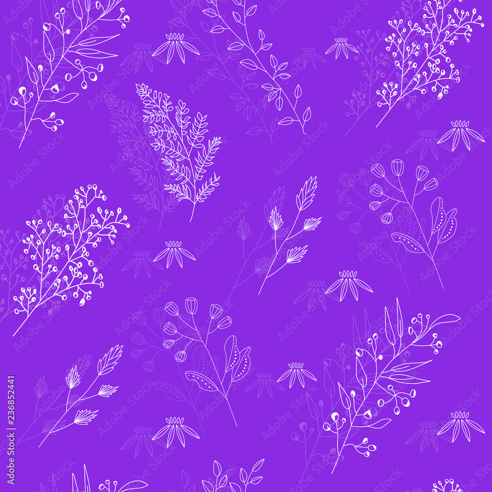 Vector seamless pattern with wild flowers, herbs and branches. Thin delicate lines silhouettes of different plants. White adjustable objects on purple background. Double composition.