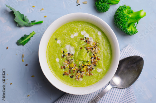 Green Vegan Broccoli Cream Soup with Non-Dairy Milk and Seed Mix, Detox Healthy Eating