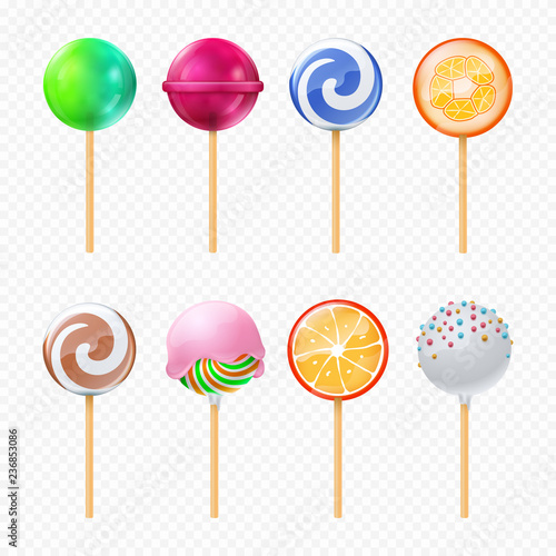 Lollipops vector realistic isolated on transparent background. Illustration of caramel yummy, spirals collection colored shape