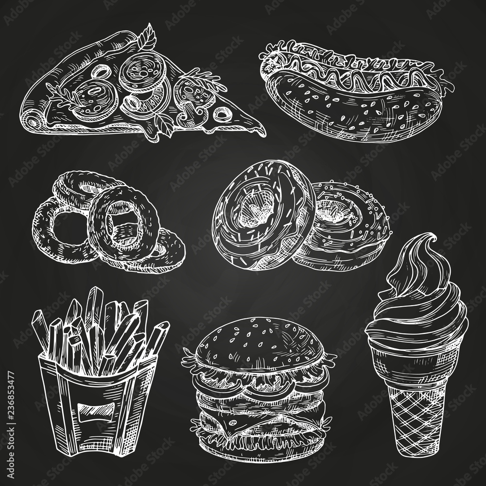 Hand drawn popular fast food on blackboard vector illustration. Fast food menu blackboard, sandwich and snack