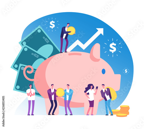 Piggy bank and people. Deposit money bank, wealth and cash accumulator financial vector concept. Illustration of deposit bank, money investment in banking