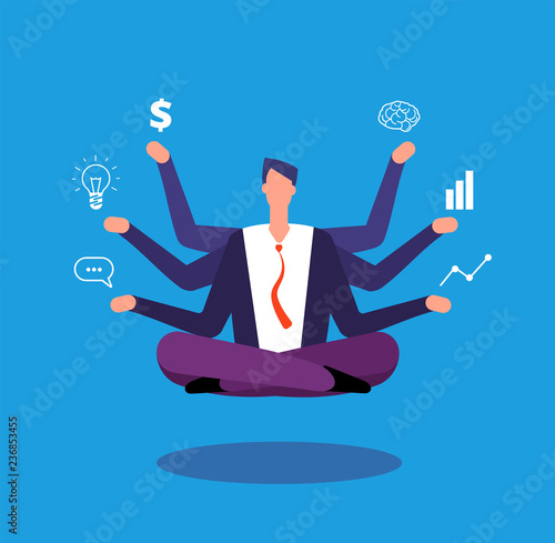 Multitasking businessman. Manager sitting in yoga lotus pose and juggles with tasks. Effective management vector concept. Illustration of businessman lotus multitasking, business sitting relax pose