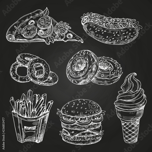 Hand drawn popular fast food on blackboard vector illustration. Fast food menu blackboard, sandwich and snack