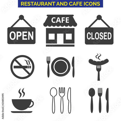 Restaurant and cafe icons set on white background.