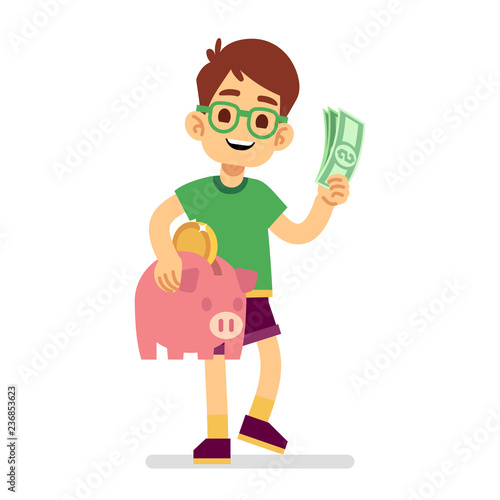 Boy saves money with piggy bank vector illustration. Piggy money, boy with cash