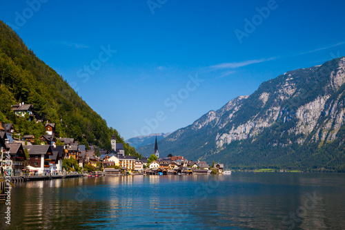 Lookin across the lake at the idyllic village of Hallstatt, Austria