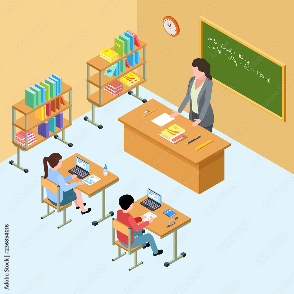 Isometric classroom with teacher and kids. High school vector ...
