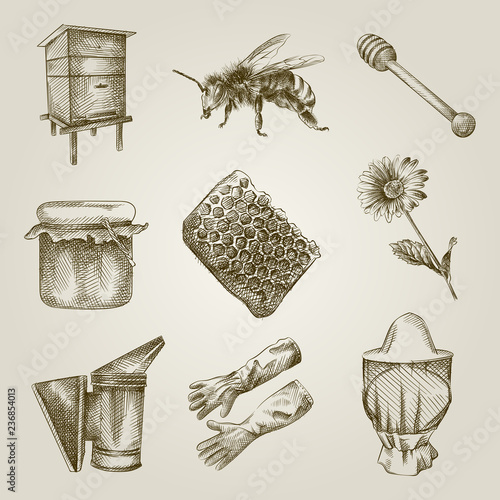 Hand Drawn Apiary Sketches Set. Collection Of honey, Honey dipper, bee smoker, flower, Beekeeper hat, Wooden hive. Honey and Beekeeping Sketches isolated on old paper background.