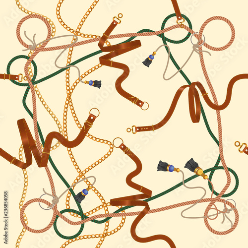 Seamless pattern with chains, belts and ropes. Vector patch for fabric, scarf.