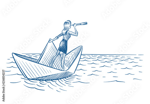 Businesswoman leader. Woman with telescope sailing on paper boat. Future career vision and leadership vector doodle concept. Illustration of leader with telescope or spyglass, businesswoman in boat