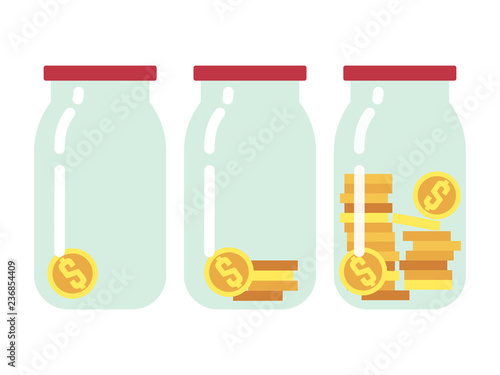 Step by step saving money flat vector illustration. Savings money in glass bank