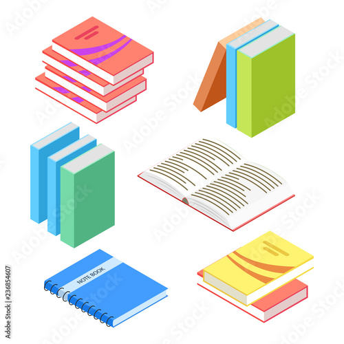 Isometric books and notepad isolated on white background. Education isometric book, 3d stack. Vector illustration