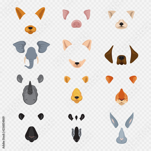 Video mobile chat animal faces. Cartoon animals masks isolated on transparent background. Vector face bunny and zebra, hare and tiger illustration