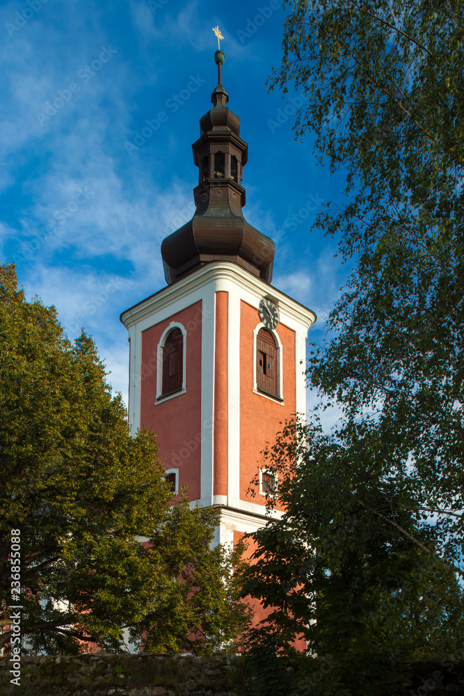 A beautiful church tower in a small bohemian village in the Czech Republic, Europe