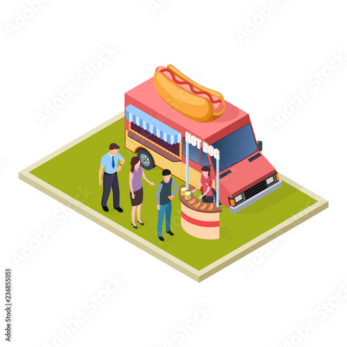 Promo hot dog and beer tasting and fast food truck isometric vector illustration. Hot dog and beer degustation and promotion