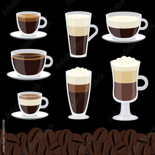 Cartoon cups set of coffee vector collection. Cup of coffee collection, cappuccino and mocha illustration