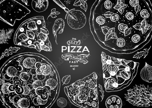 Italian pizza and ingredients top view frame. Italian food menu design template. Vintage hand drawn sketch, vector illustration. Engraved style illustration. Pizza label for menu.