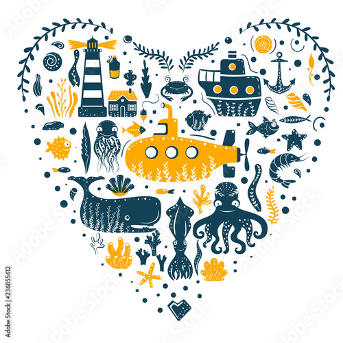 Sea ocean simple styling print set. Two color. Print for kids t-shirt and sea style souvenirs. Isolated on white background collection
