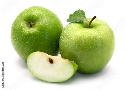 Green apples isolated on white background. Whole and slice.