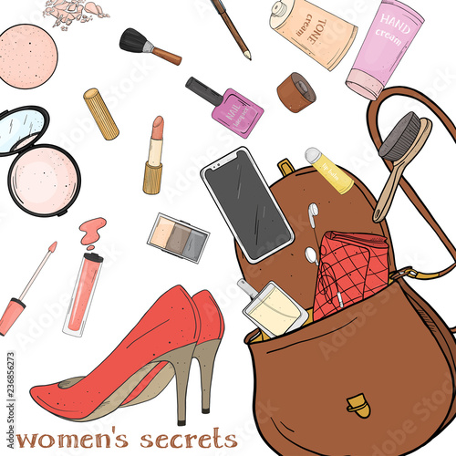 Women's handbag with cosmetics, shoes and smartphone. Personal effects fell out of the bag. Colorful vector illustration in sketch style. For fashion publications, beauty and mobile apps.