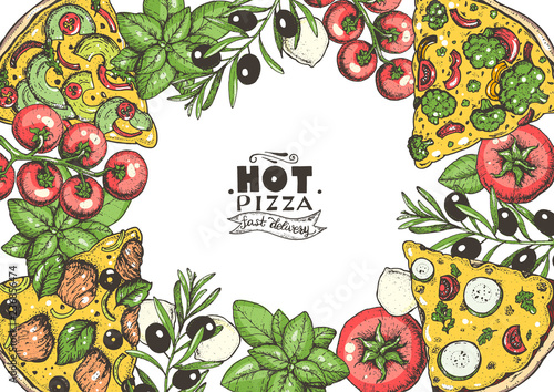 Italian pizza and ingredients top view frame. Colored illustration. Italian food menu design template. Vintage hand drawn vector illustration. Pizza label for menu.