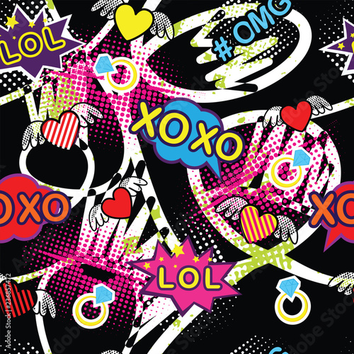 Abstract seamless sport pattern for girl and boy. Creative colorful sport wallpaper with Pop art comics speech bubbles, clouds,words. Grunge urban background for textile, fashion, sport clothes.