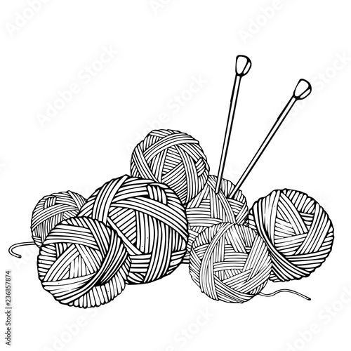 Monochrome illustration with wool balls for knitting and knitting needles. Vector illustration in sketch style. Black-white. Silhouette.