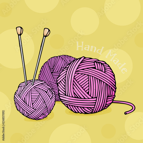 Balls of different colors of wool for knitting and knitting needles on yellow background. Colorful vector illustration in sketch style.