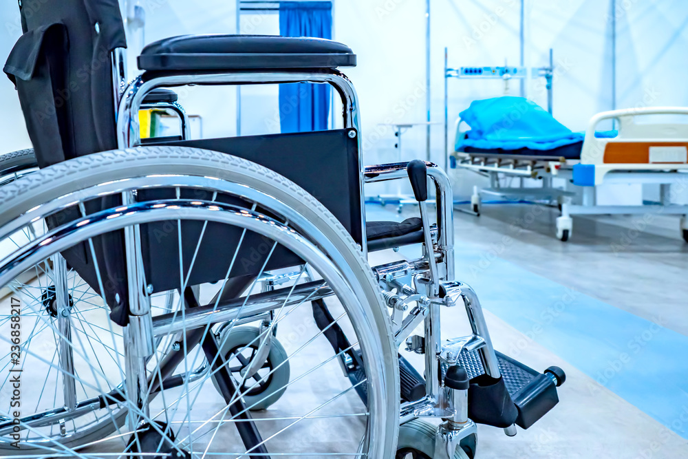 Naklejka premium Wheelchair. Disability. Incurable Diseases The medicine. Armchair for the disabled. Bed in the hospital. Medical service. Hospital equipment.