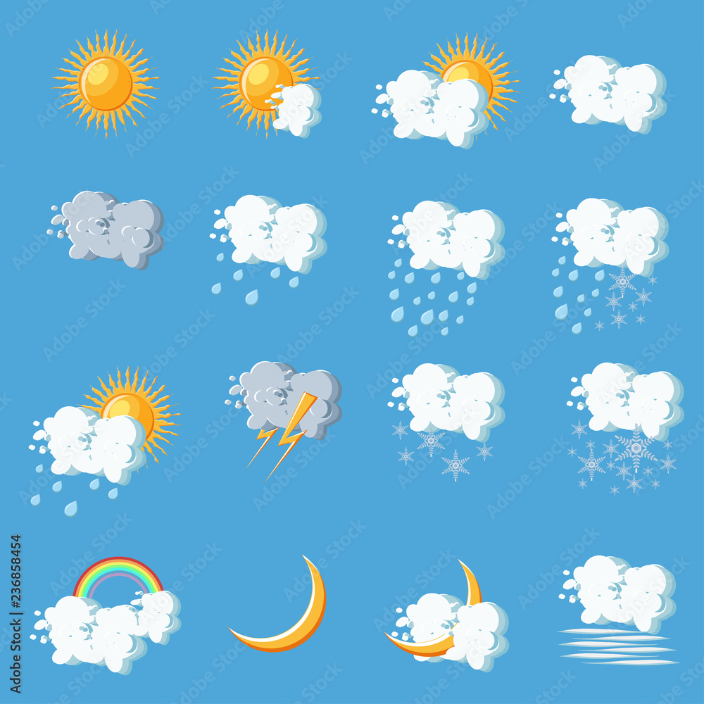 Weather icons in cartoon style on blue background. - obrazy, fototapety, plakaty 