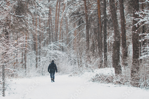 in a snowy forest lonely figure of a man on a walk © leksann