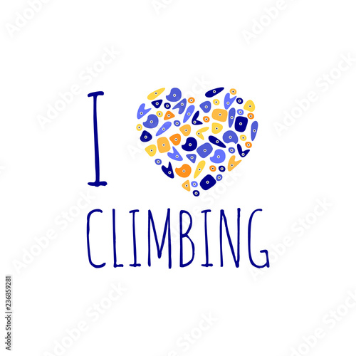 I heart climbing, love, bouldering. The heart consists of climbing grips. Vector illustration for print on t-shirts or textile