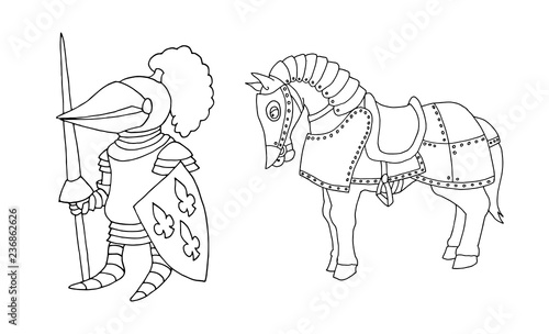 Coloring page of cartoon medieval knight prepering to Knight Tournament
