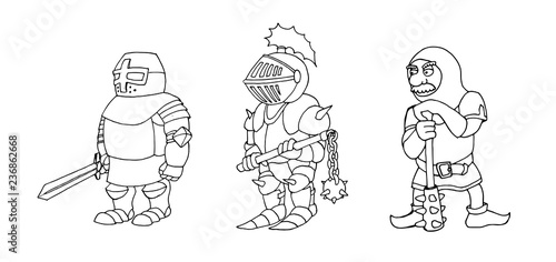 Coloring page of cartoon three medieval knights prepering for Knight Tournament