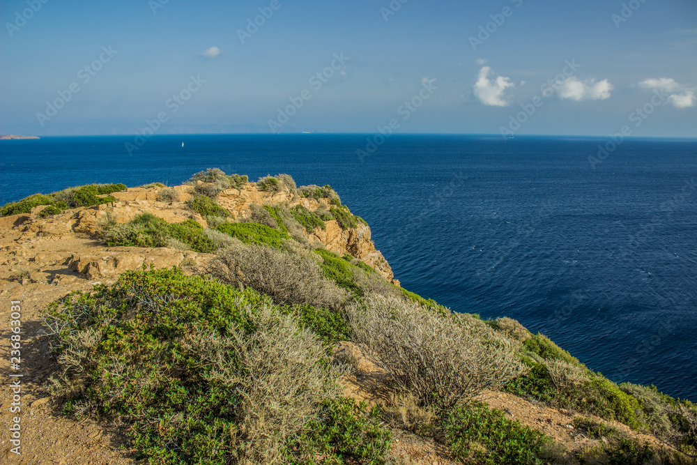 sea shore line nature scenery environment from high cape mountain top point above vivid blue water surface