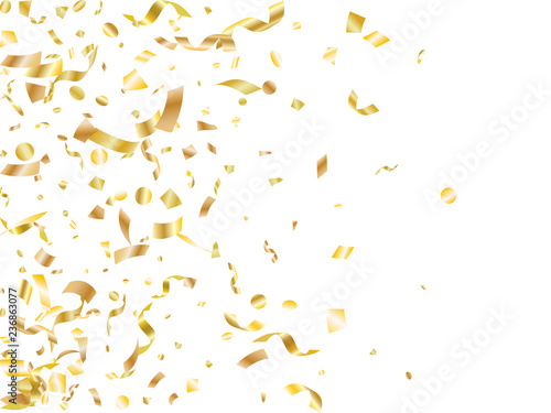 Gold on white foil holiday realistic confetti flying vector background. Trendy flying tinsels, foil texture serpentine streamers, sparkles, confetti falling birthday background.