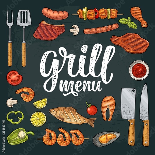 Barbecue grill top view charcoal, kebab, mushroom, tomato, fish, steak