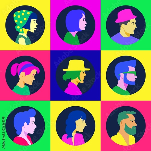 set of faces in profile in neon colors