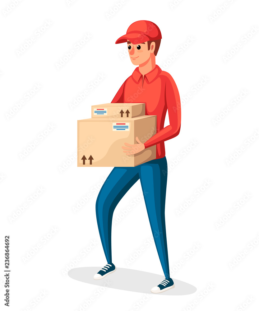 Postal courier. Delivery worker holding two cardboard boxes. Cartoon character design. Red postal uniform. Delivery of parcel and packages. Flat vector illustration isolated on white background Postal courier. Delivery worker holding two cardboard boxes. Cartoon character design. Red postal uniform. Delivery of parcel and packages. Flat vector illustration isolated on white background