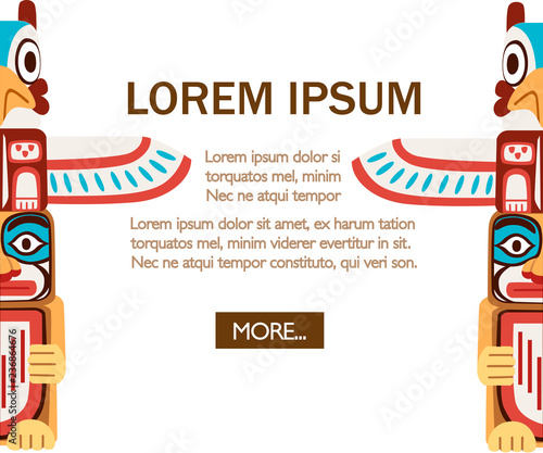 Colored Indian Totem. Wooden object symbol animal plant representation family clan tribe. Flat vector illustration on white background. Web site page of mobile app design